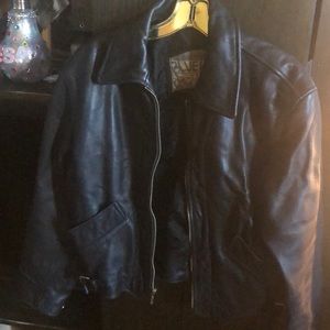 Black authentic leather Bomber jacket heavy waist buckle.
